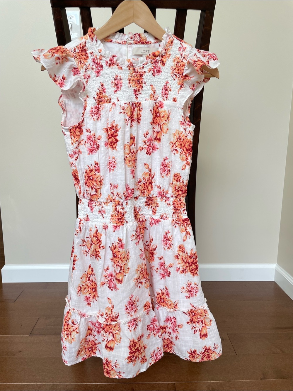 LOFT White Floral Ruffle Sleeve Dress - Orange Pink Print